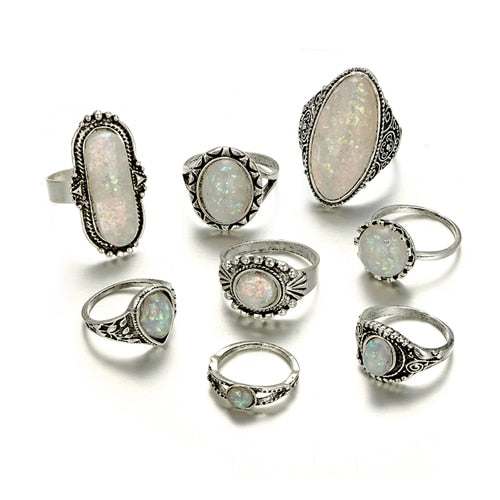8 pc Boho Vintage Opal Ring Set