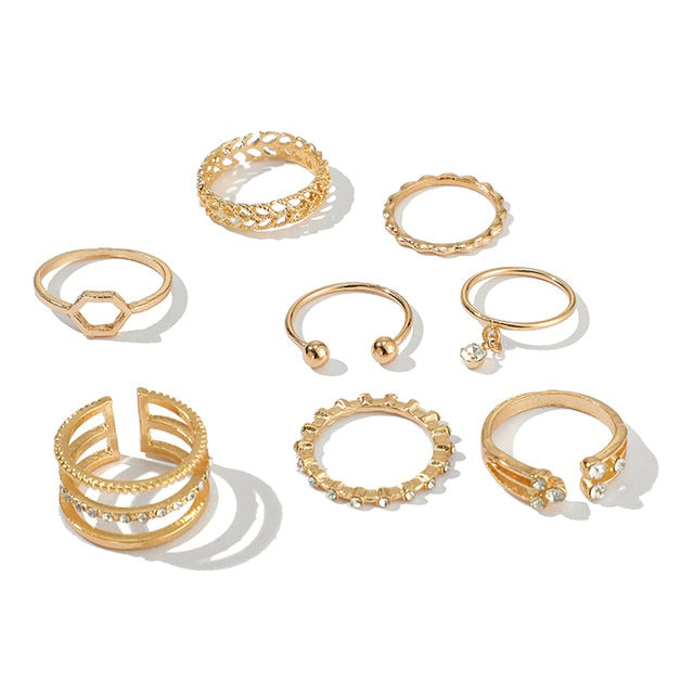 8 pc Gold Crystal Stone Boho Geometric Ring Set